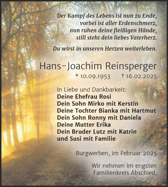 Traueranzeige von Hans-Joachim Reinsperger von Trauerkombi Weißenfels