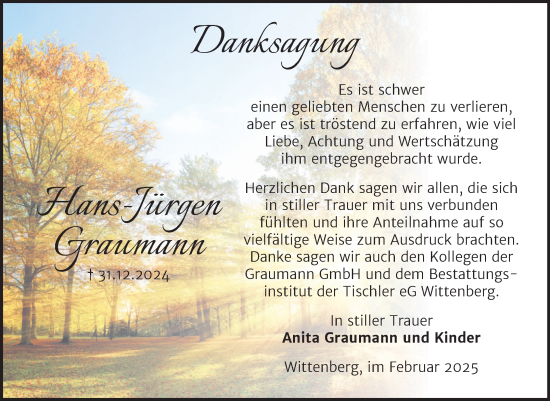 Traueranzeige von Hans-Jürgen Graumann von Trauerkombi Wittenberg
