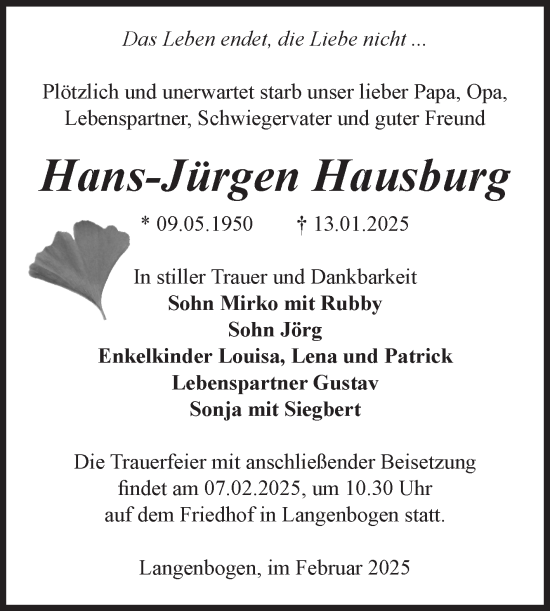 Traueranzeige von Hans-Jürgen Hausburg von Mitteldeutsche Zeitung Halle/Saalkreis