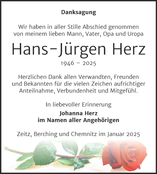 Traueranzeige von Hans-Jürgen Herz von Trauerkombi Zeitz