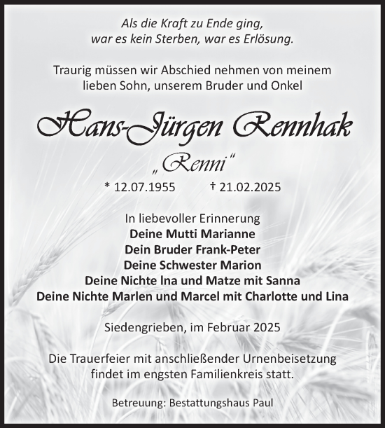 Traueranzeige von Hans-Jürgen Rennhak von Volksstimme Altmark West