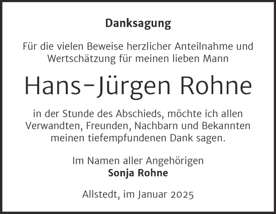Traueranzeige von Hans-Jürgen Rohne von Trauerkombi Sangerhausen