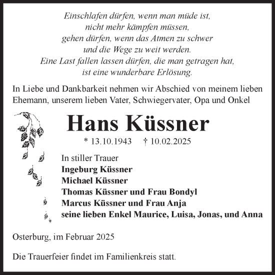 Traueranzeige von Hans Küssner von Volksstimme Altmark Ost