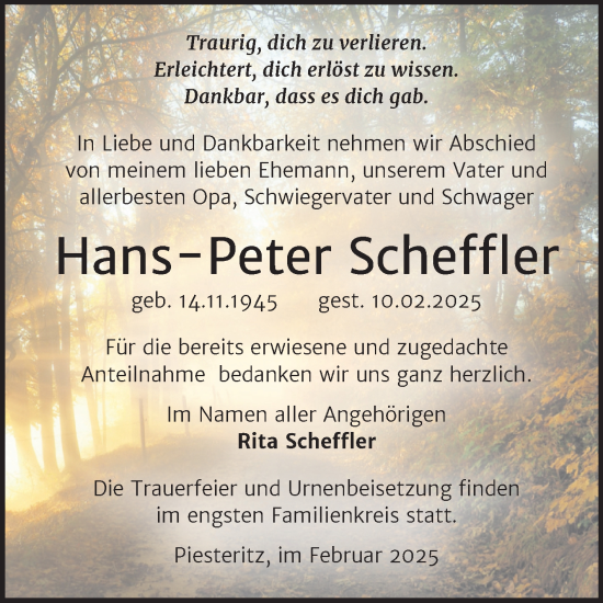 Traueranzeige von Hans-Peter Scheffler von Trauerkombi Wittenberg