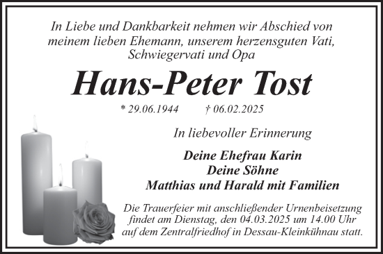Traueranzeige von Hans-Peter Tost von Trauerkombi Dessau