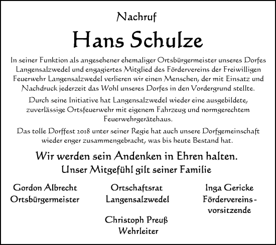 Traueranzeige von Hans Schulze von Volksstimme Altmark Ost