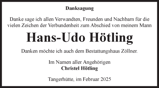 Traueranzeige von Hans-Udo Hötling von Volksstimme Altmark Ost