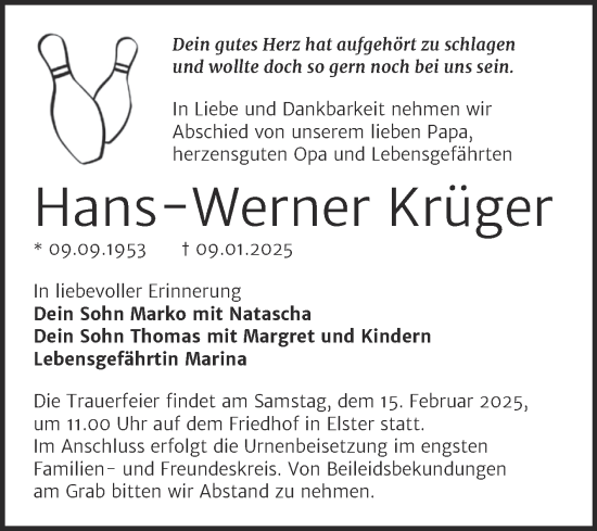 Traueranzeige von Hans-Werner Krüger von Trauerkombi Wittenberg