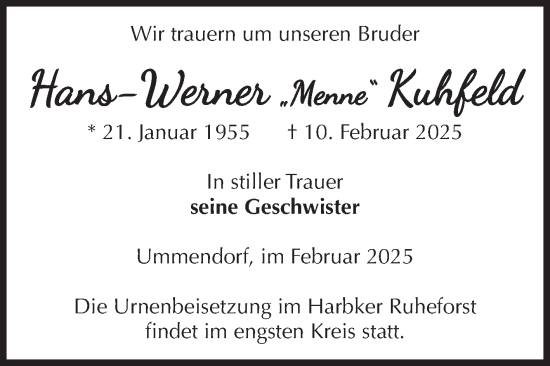 Traueranzeige von Hans-Werner Kuhfeld von Volksstimme Oschersleben/Wanzleben