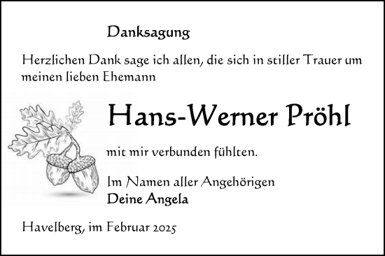 Traueranzeige von Hans-Werner Pröhl von Volksstimme Altmark Ost