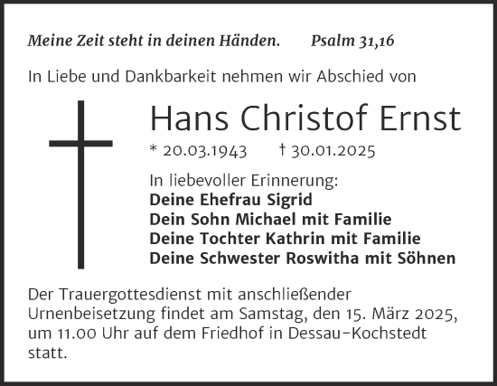 Traueranzeige von Hans Christof Ernst von Trauerkombi Dessau