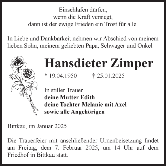 Traueranzeige von Hansdieter Zimper von Volksstimme Altmark Ost
