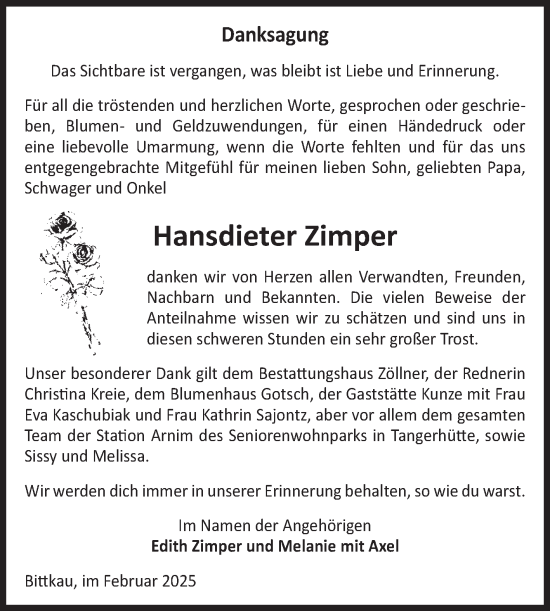 Traueranzeige von Hansdieter Zimper von Volksstimme Altmark Ost