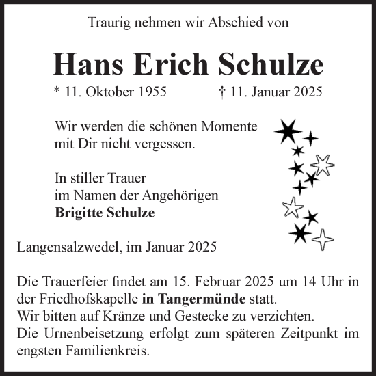 Traueranzeige von Hans Erich Schulze von Volksstimme Altmark Ost