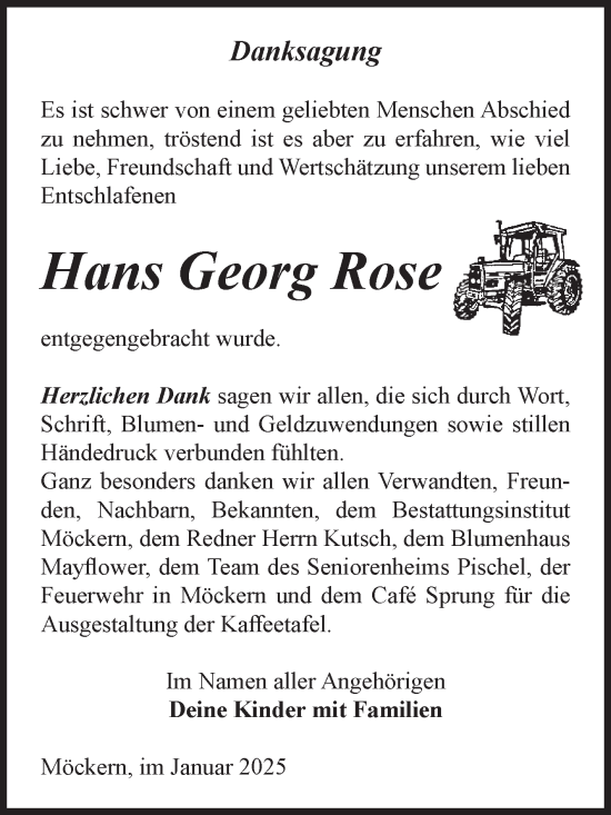 Traueranzeige von Hans Georg Rose von Volksstimme Burg/Genthin