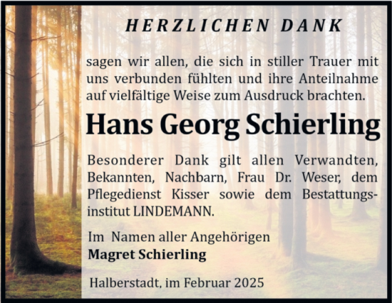 Traueranzeige von Hans Georg Schierling von Volksstimme Halberstadt