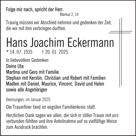 Traueranzeige von Hans Joachim Eckermann von Trauerkombi Sangerhausen