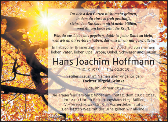 Traueranzeige von Hans Joachim Hoffmann von Trauerkombi Mansfelder Land