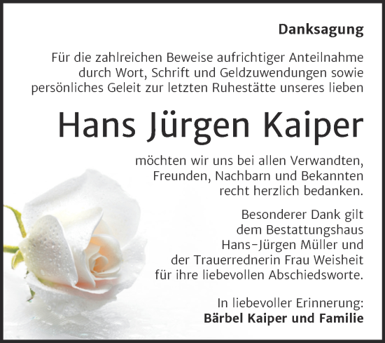 Traueranzeige von Hans Jürgen Kaiper von Trauerkombi Aschersleben