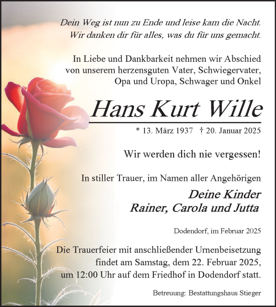 Traueranzeige von Hans Kurt Wille von Volksstimme Magdeburg
