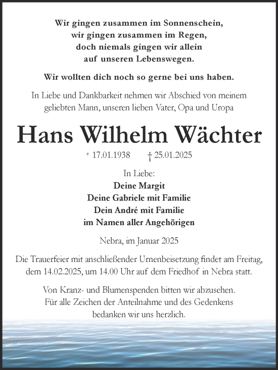 Traueranzeige von Hans Wilhelm Wächter von Super Sonntag Naumburg/Nebra