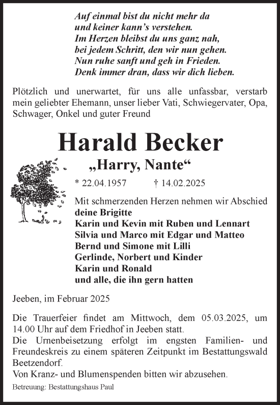 Traueranzeige von Harald Becker von Volksstimme Altmark West