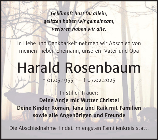 Traueranzeige von Harald Rosenbaum von Trauerkombi Dessau