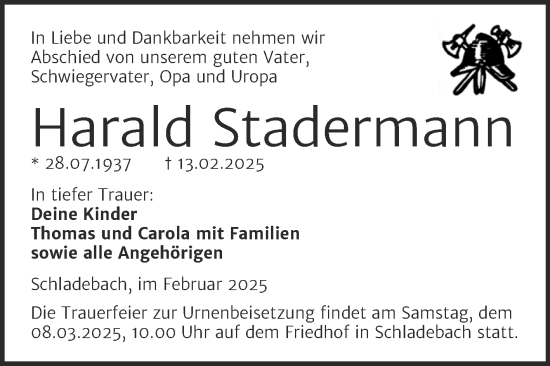 Traueranzeige von Harald Stadermann von Trauerkombi Merseburg