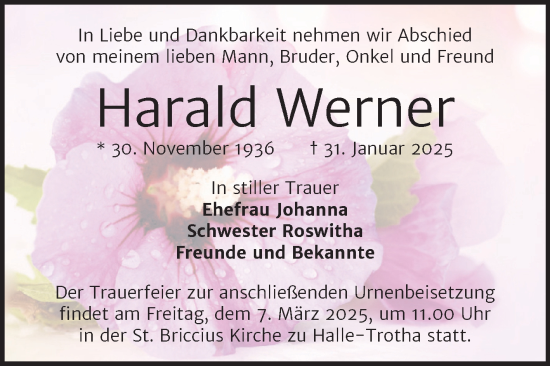 Traueranzeige von Harald Werner von Mitteldeutsche Zeitung Halle/Saalkreis