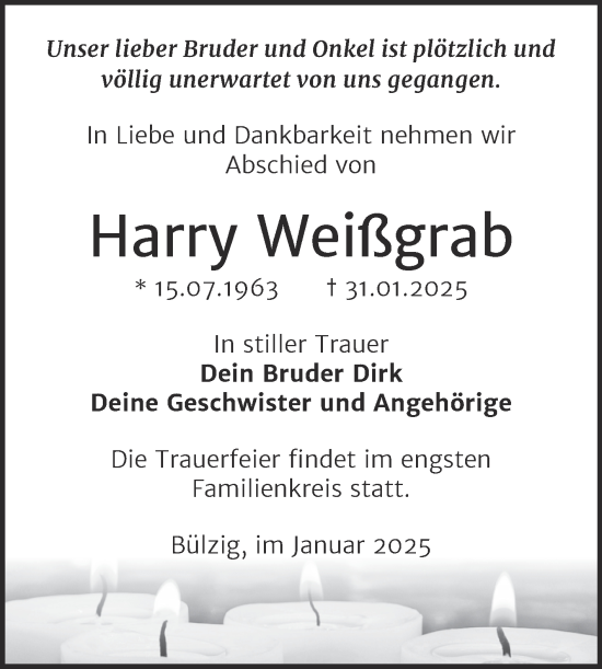 Traueranzeige von Harry Weißgrab von Trauerkombi Wittenberg