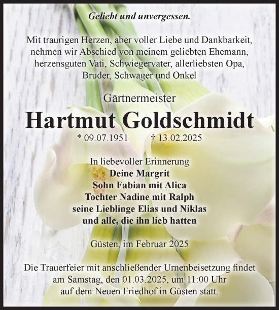 Traueranzeige von Hartmut Goldschmidt 
