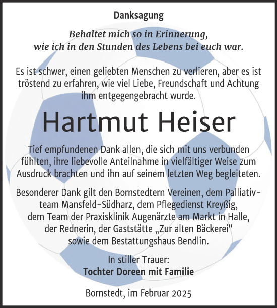 Traueranzeige von Hartmut Heiser von Trauerkombi Mansfelder Land