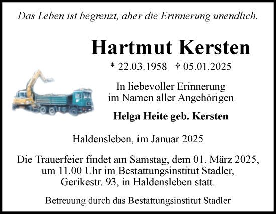 Traueranzeige von Hartmut Kersten von Volksstimme Haldensleben/Wolmirstedt