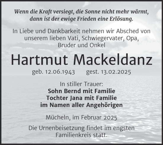 Traueranzeige von Hartmut Mackeldanz von Trauerkombi Merseburg