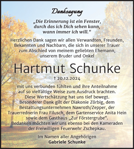 Traueranzeige von Hartmut Schunke von Trauerkombi Bitterfeld