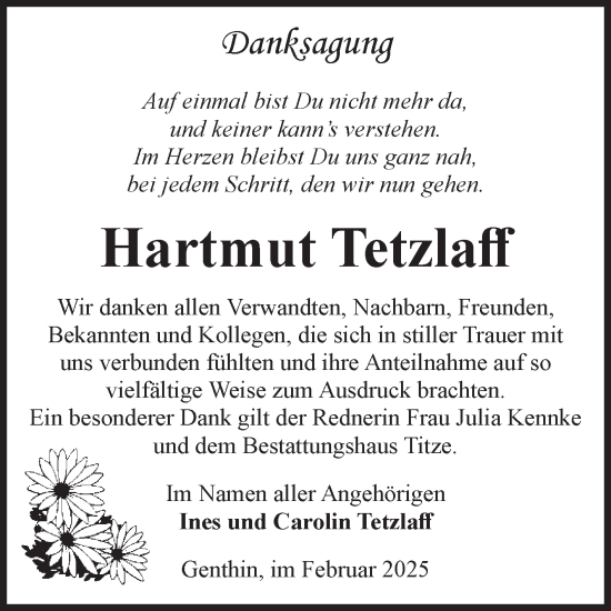 Traueranzeige von Hartmut Tetzlaff von Volksstimme Burg/Genthin