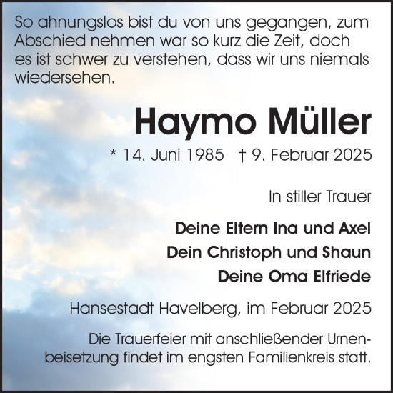 Traueranzeige von Haymo Müller von Volksstimme Altmark Ost
