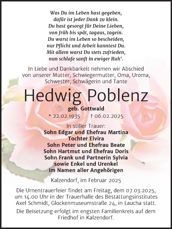 Traueranzeige von Hedwig Poblenz von Trauerkombi Merseburg