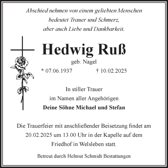 Traueranzeige von Hedwig Ruß von Volksstimme Schönebeck