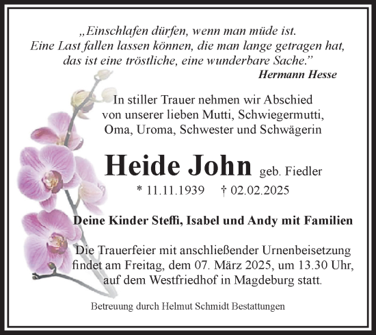 Traueranzeige von Heide John von Volksstimme Schönebeck