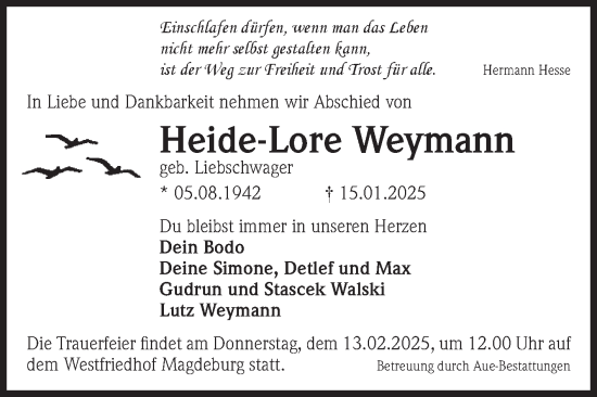 Traueranzeige von Heide-Lore Weymann von Volksstimme Burg/Genthin