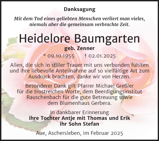 Traueranzeige von Heidelore Baumgarten von Naumburger Tageblatt