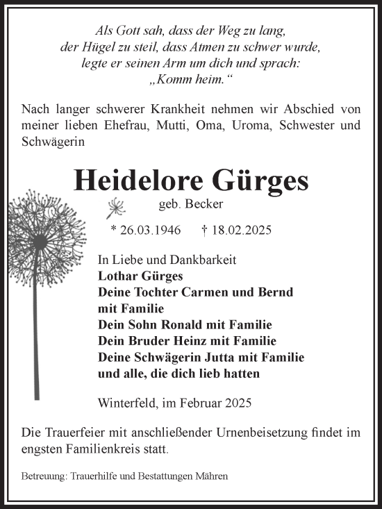 Traueranzeige von Heidelore Gürges von Volksstimme Altmark West