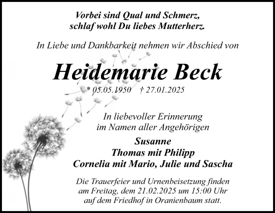 Traueranzeige von Heidemarie Beck von Super Sonntag Wittenberg