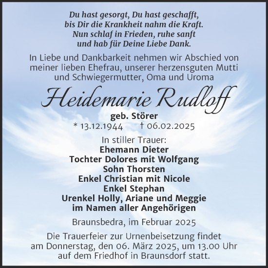 Traueranzeige von Heidemarie Rudloff von Trauerkombi Merseburg