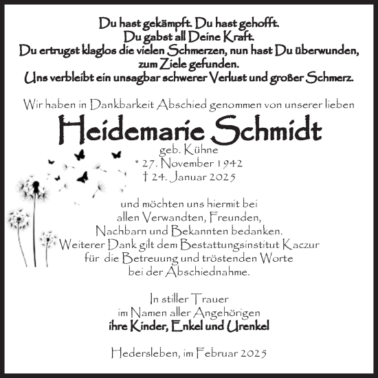 Traueranzeige von Heidemarie Schmidt von Super Sonntag Quedlingburg