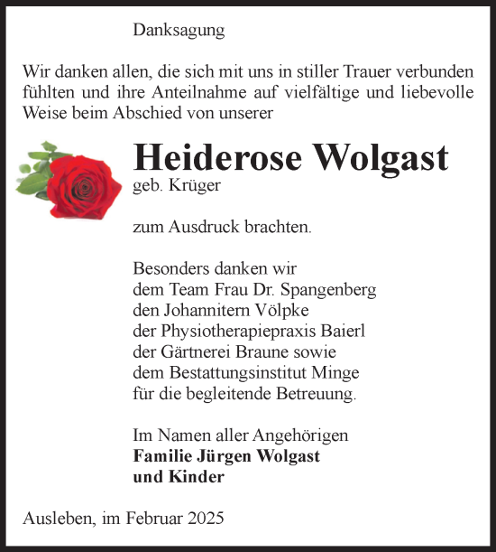 Traueranzeige von Heiderose Wolgast von Volksstimme Oschersleben/Wanzleben