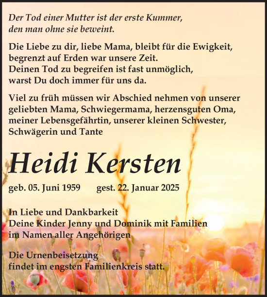 Traueranzeige von Heidi Kersten von Volksstimme Burg/Genthin