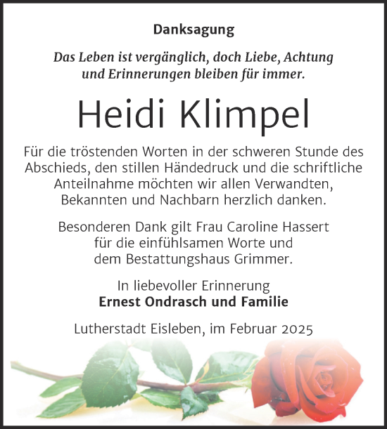 Traueranzeige von Heidi Klimpel von Trauerkombi Mansfelder Land