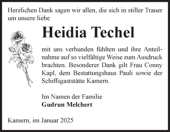 Traueranzeige von Heidia Techel von Volksstimme Altmark Ost